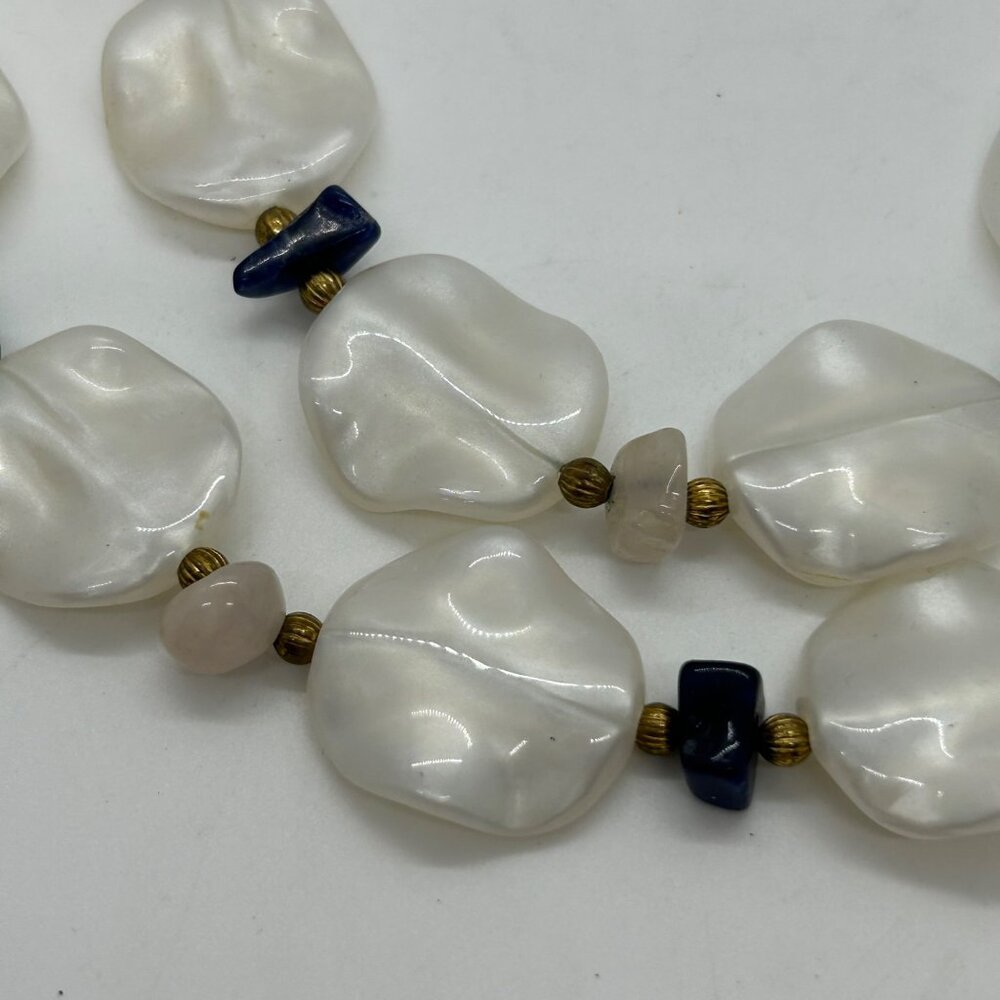 Vintage Acrylic Beaded Necklace Earrings White With Colorful Accents Plastic Set - Picture 5 of 11